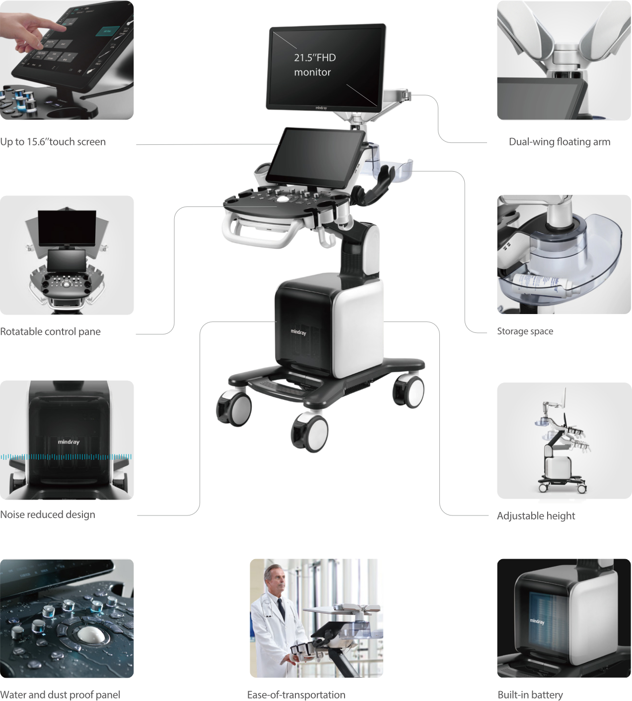 Mindray Consona cart-based ultrasound system featuring height-adjustable control panel and ergonomic mobile cart design