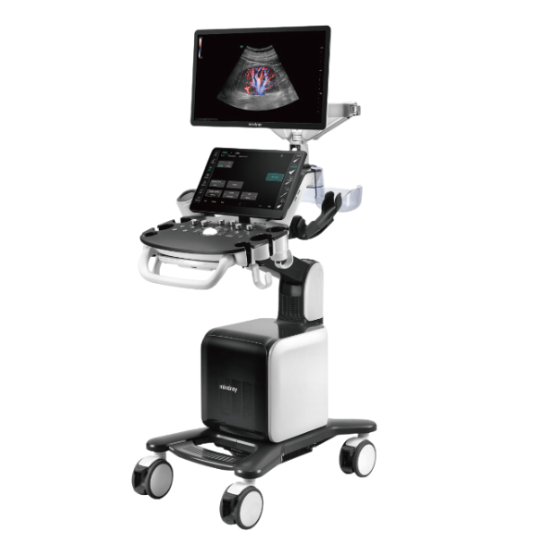 Mindray Consona N8 cart-based ultrasound system display showing advanced clinical imaging and touch screen control panel