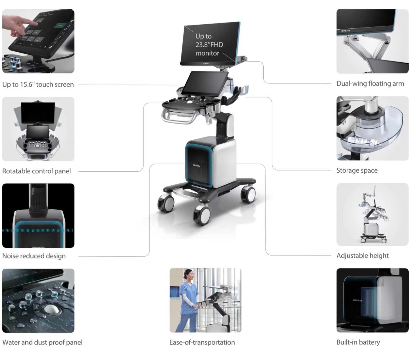 Mindray Consona N9 ultrasound system ergonomic design featuring articulating arm, floating monitor, and height-adjustable control panel