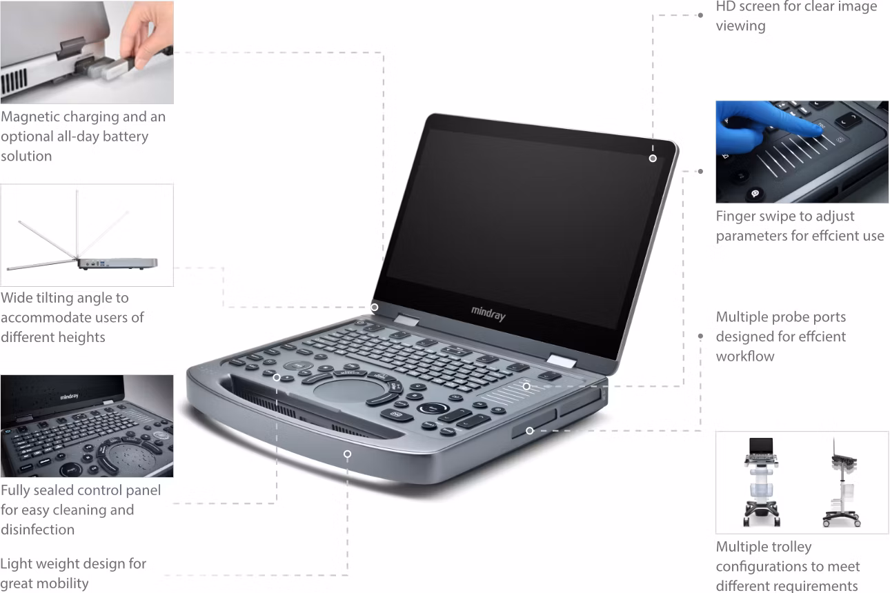 Mindray MX3 portable laptop ultrasound system showing its lightweight 3.5 kg chassis, wide-angle tilting display, and ergonomic mobile configuration