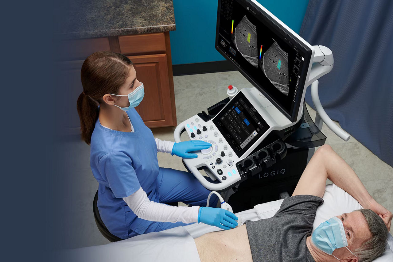 GE LOGIQ P10 XDclear cart-based diagnostic ultrasound machine with articulated monitor screen and transducer ports